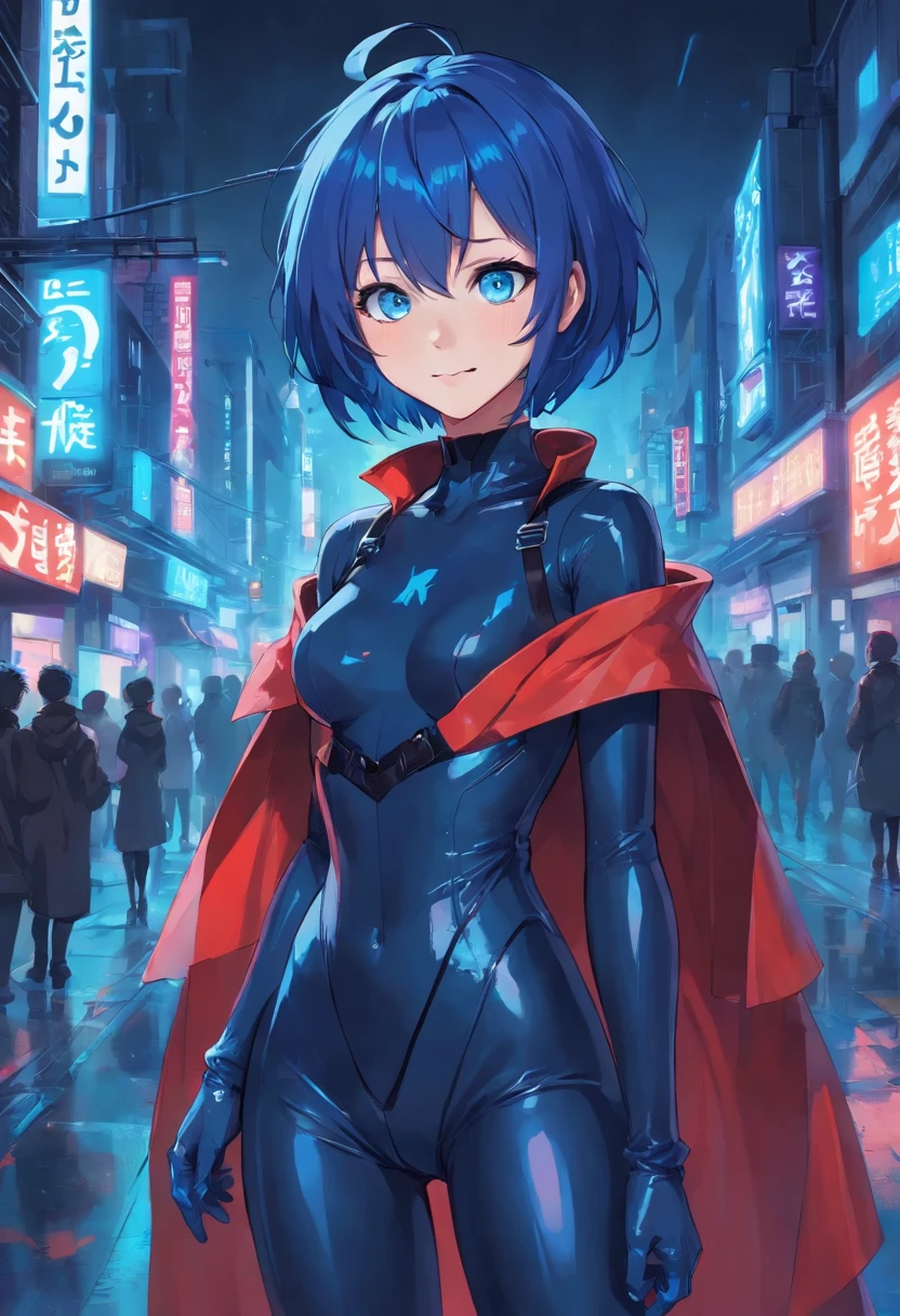 1girll, 独奏, standing on your feet, hair adornments, Blue eyes,, mechanicalparts, electrical wires, electric cables, Failure effect, terroral, sci-fy, A futuristic, background inside dark, neonlight, cyber punk perssonage, hyper realisitc, eerie, unnerving, spine-chilling, terroral, onesie,Blue eyes,Venom possession,Blackened,Long blue gloves,Jumpsuits,Skinny one-piece latex clothing,Highlight her gorgeous figure,Wrap the whole body,symbiote,((Raised sexy)),onesie,Blue eyes,Venom possession,Blackened,Long blue gloves,Jumpsuits,Black latex clothing,Blue eyes,Best quality, high resolution, Ultra-detailed, Vivid texture, Mask, Skinny one-piece latex clothing, bangs, Blue hair,Wear socks,Blackened,Wrapped in black slime,A sad expression,Say goodbye to the gaze,Red coat,long eyelasher, solid circle eyes, Light smile, Ear blush, Dark blue hair, hair between eye, Short hair,, Mad eyes,, Crazy smile, Sad smile, Evil smile, crazy, jitome, shaded, Yandere, chin grab, disdain, Evil, Crazy smile, Colored inner hair, Blue hair, Dark blue hair, surrealism, shadowing, anaglyph, stereograms, tachi-e, angle of view, Atmospheric perspective, Chiaroscuro, Cinematic lighting, 8K, Super detail, ccurate, Best quality, hyper HD, retinas, Masterpiece, Textured skin, Award-Awarded, A high resolution, Best quality, Super detail, best qualtiy, 8K, digitial painting,Red coat,Anime girl in red cape