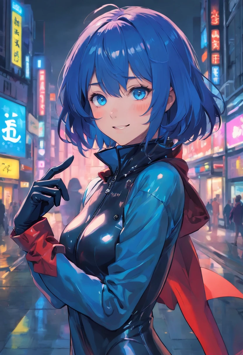 1girll, 独奏, standing on your feet, hair adornments, Blue eyes,, mechanicalparts, electrical wires, electric cables, Failure effect, terroral, sci-fy, A futuristic, background inside dark, neonlight, cyber punk perssonage, hyper realisitc, eerie, unnerving, spine-chilling, terroral, onesie,Blue eyes,Venom possession,Blackened,Long blue gloves,Jumpsuits,Skinny one-piece latex clothing,Highlight her gorgeous figure,Wrap the whole body,symbiote,((Raised sexy)),onesie,Blue eyes,Venom possession,Blackened,Long blue gloves,Jumpsuits,Black latex clothing,Blue eyes,Best quality, high resolution, Ultra-detailed, Vivid texture, Mask, Skinny one-piece latex clothing, bangs, Blue hair,Wear socks,Blackened,Wrapped in black slime,A sad expression,Say goodbye to the gaze,Red coat,long eyelasher, solid circle eyes, Light smile, Ear blush, Dark blue hair, hair between eye, Short hair,, Mad eyes,, Crazy smile, Sad smile, Evil smile, crazy, jitome, shaded, Yandere, chin grab, disdain, Evil, Crazy smile, Colored inner hair, Blue hair, Dark blue hair, surrealism, shadowing, anaglyph, stereograms, tachi-e, angle of view, Atmospheric perspective, Chiaroscuro, Cinematic lighting, 8K, Super detail, ccurate, Best quality, hyper HD, retinas, Masterpiece, Textured skin, Award-Awarded, A high resolution, Best quality, Super detail, best qualtiy, 8K, digitial painting,Red coat,Anime girl in red cape