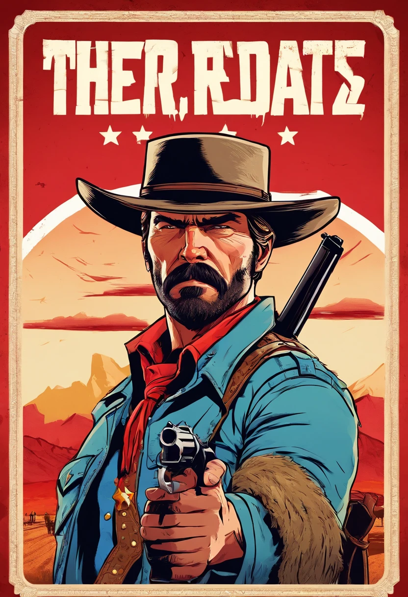 Red Dead Redemption 2 illustration style，Sheriff Curtis Malloy，Wear a Nevada hat,Khaki coat，Blue vest and white shirt,Nothing but a mustache,shaven face,sheriff badge