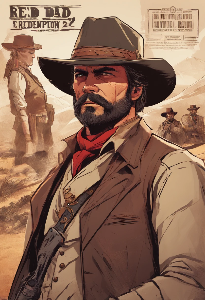 Red Dead Redemption 2 illustration style，Sheriff Curtis Malloy，Wear a Nevada hat,Khaki coat，Blue vest and white shirt,nothing but a mustache,clean shaven face, sheriff badge