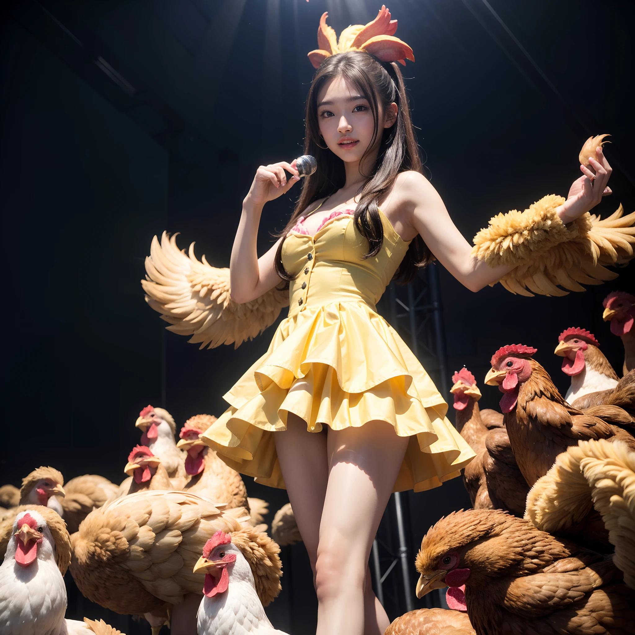 (in 8K、RAW Photos、top-quality、​masterpiece:1.5)、(realisitic、Photorealsitic:1.5)、ultra-detailliert、超A high resolution、lighting like a movie、(((Idols who love chickens)))、(((Japan 16 year old girls)))、(((Wearing a cute costume with a chicken motif)))、(a lot of chickens:1.5)、cute smile face、Happy and energetic atmosphere、dynamic ungle、动态照明