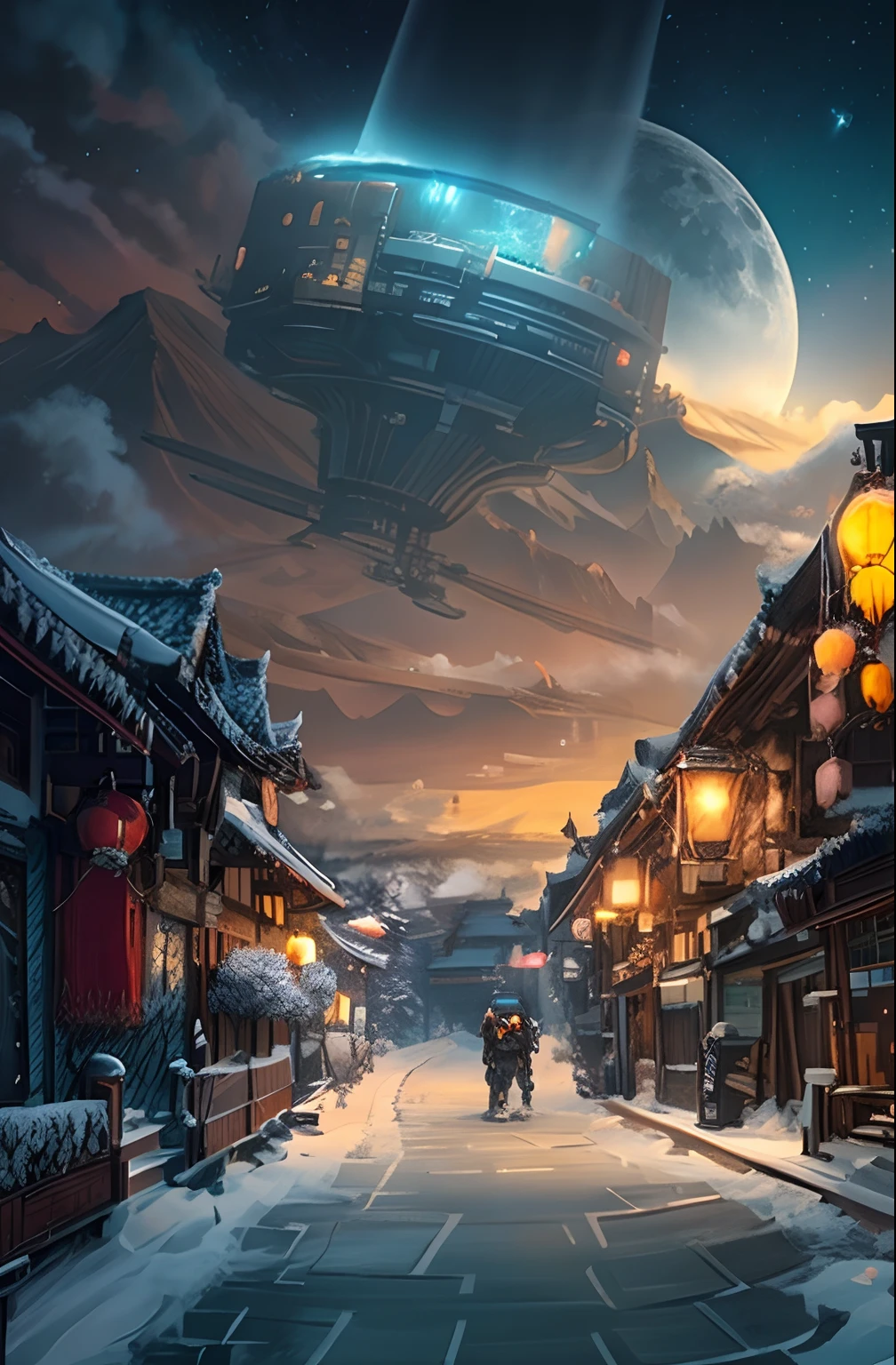 sci-fy,Moon,starrysky,snow mountains,sense of science and technology,makina,conceptual drawing, cyber punk style,Concept art for the game, Lanterns,The sky is snowing,stray,The astronaut,pandas,Original Drawing,lamplight,Back shadow,snow mountains,Chinese architecture,High-precision illustration,SENSE OF CINEMA,the detail,A window to the city in the distance