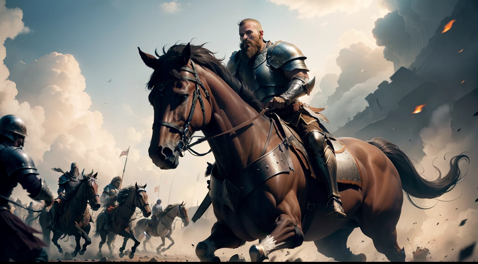 homem forte careca e com barba, Warrior in armor abandoned the battle on foot running away, Imagem de fundo: War scene with epic chariots and warhorses