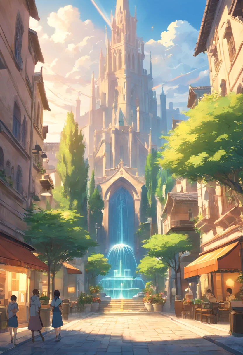 fantasy art, ciudad medieval, Fantasy City, hermosa ciudad con jardines, bello edificios, Magnificent fantasy city, A huge marble fountain at the crossroads of several streets