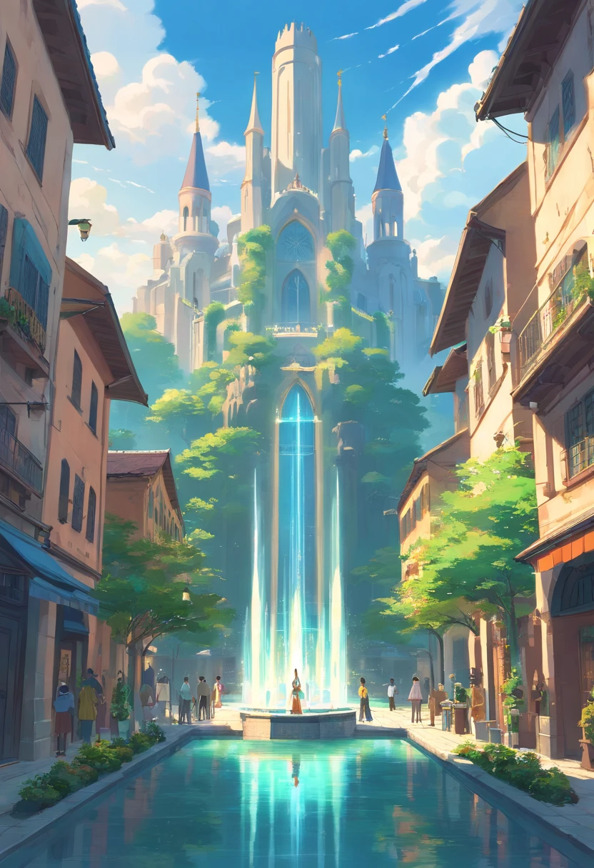 fantasy art, ciudad medieval, Fantasy City, hermosa ciudad con jardines, bello edificios, Magnificent fantasy city, A huge marble fountain at the crossroads of several streets