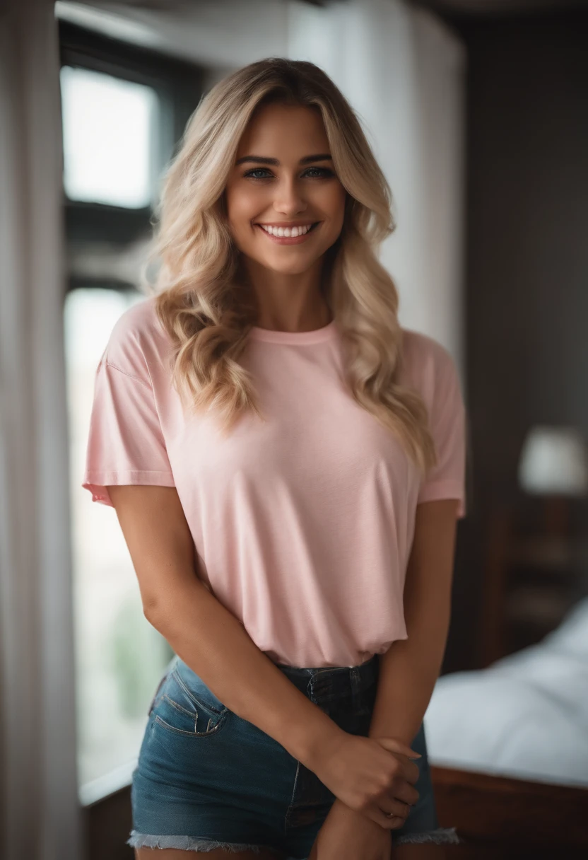 Girl blonde, in the badroom, smile, sexy, perfec body, t-shirt pink, transparencia, long hair, latina
