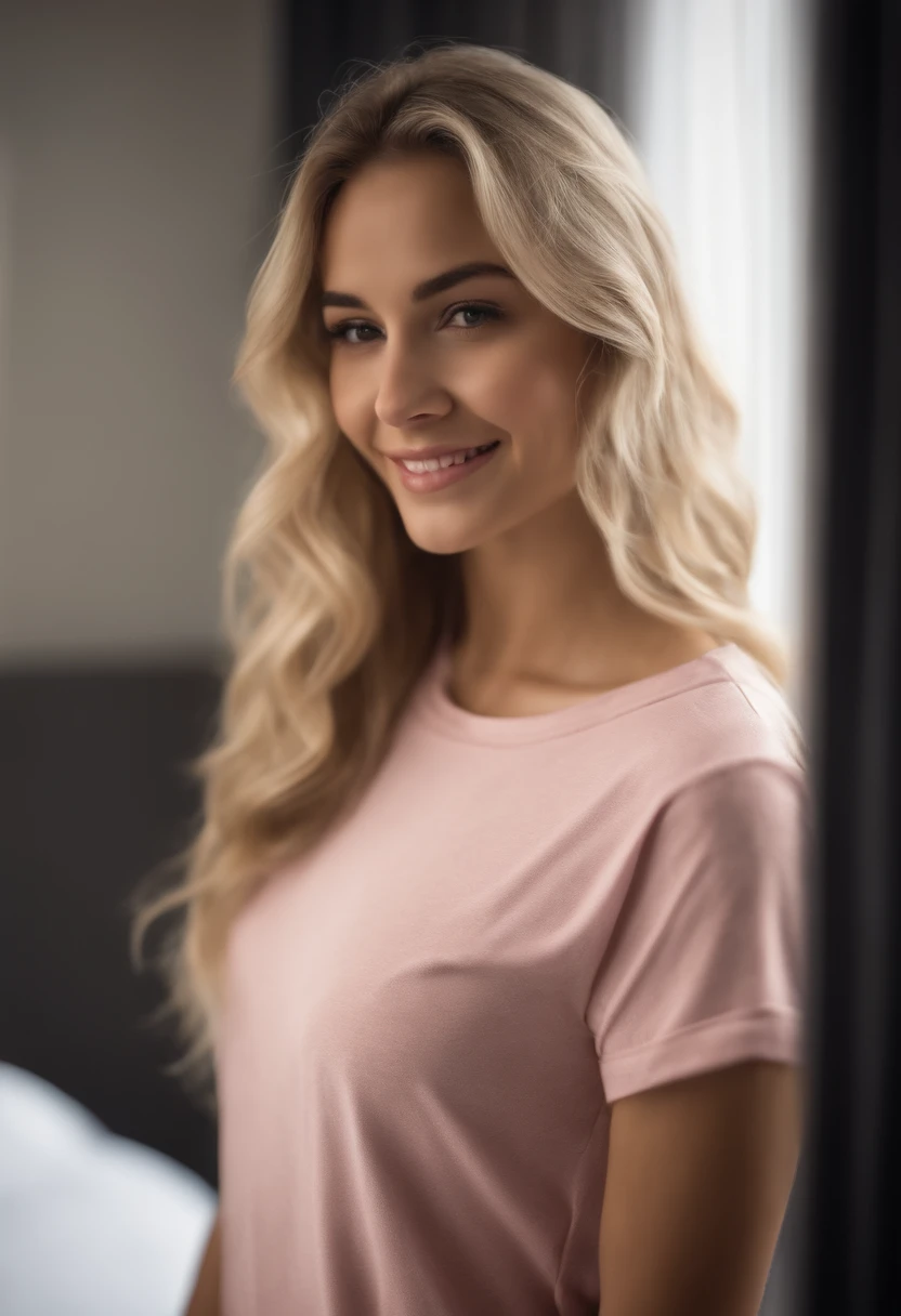 Girl blonde, in the badroom, smile, sexy, perfec body, t-shirt pink, transparencia, long hair, latina