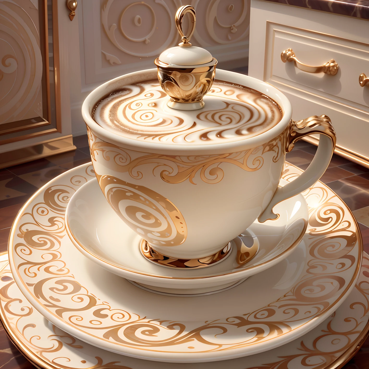 IvoryGoldAI coffee cup in the kitchen,Klimt style