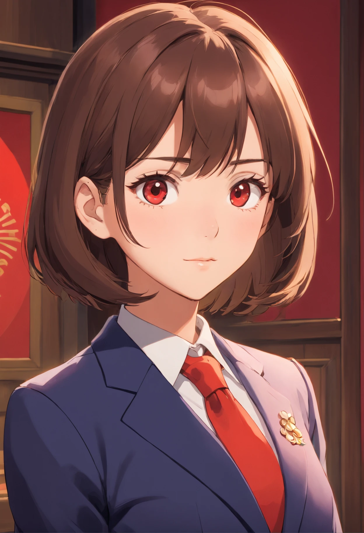 Best quality, High details, high resolution, HD, 16k,Close-up photo of shoulder length short brunette girl in suit uniform, ultraclear, Flawless and delicate face, Truly delicate skin,beautiful, Delicate and clear eyes, Look at the screen, Simple, (simple red background)