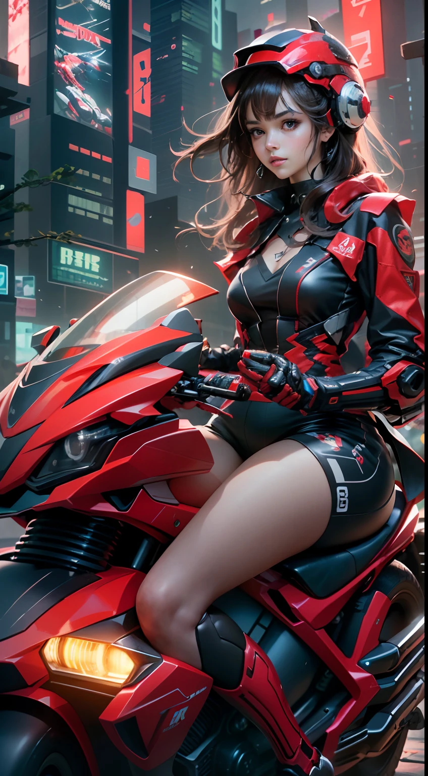 Highest image quality, outstanding detail, ultra-high resolution, (fidelity: 1.4), best illustration, favor details, highly condensed 1girl, with a delicate and beautiful face, dressed in black and red mecha, wearing a mecha helmet, holding a direction controller, riding on a motorcycle, the background is a high-tech lighting scene of the future city.