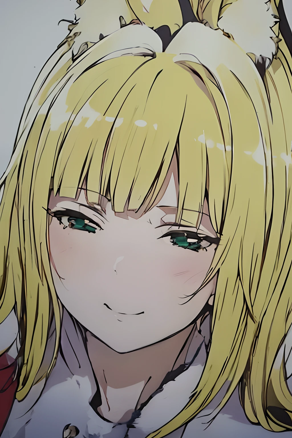 a beauty girl、top-quality、high-detail、best qualtiy、The best delicacy、１a person、a blond、Haruhime、Green eyes、High resolution eyes、Ephemeral smile、Slender eyes、long lashes、Light in both eyes、、Fine-grained skin、Best Quality、Foxman、Anime characters、Anime style、Seductive face、dynamic ungle、finely detail、depth of fields、hight resolution、Perfect litthing、Focus on the upper body、Beautiful blonde hair、