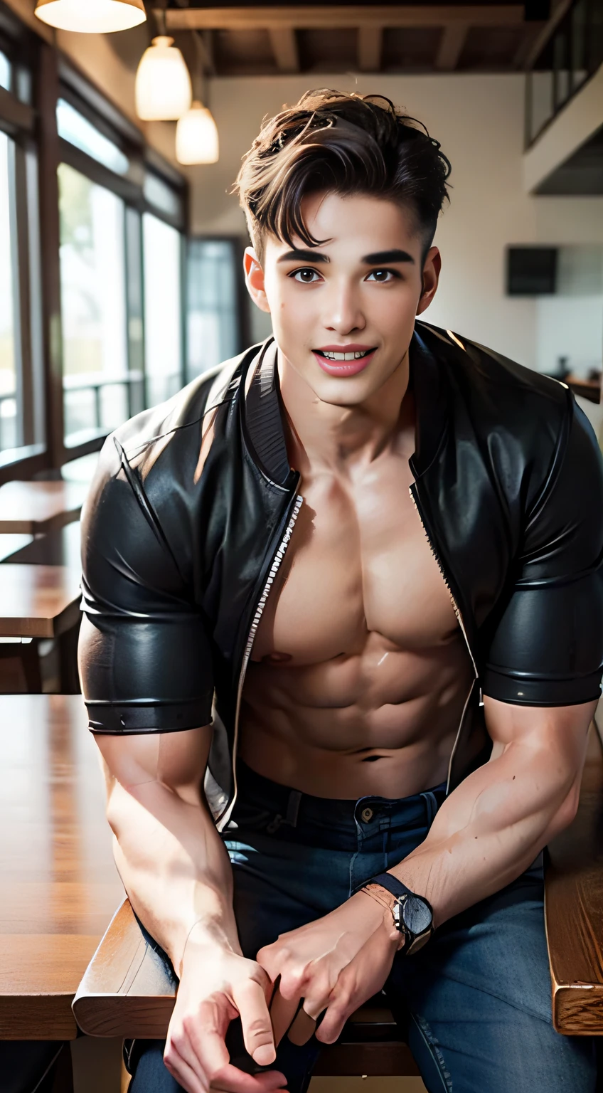 ((Men only)), (head shot), (only face), (Handsome muscular man in his 30s), (In the restaurant), (Pietro Boselli), (swim wears), (Mischievous smile), (detaile: 1 in 1), Natural muscles, HIG quality, beautidful eyes, (Detailed face and eyes), (Face、: 1 / 2), Noise, Real Photographics、... ..................................................................................................................PSD, Sharp Focus, High resolution 8K, realisitic & Professional Photography, 8K UHD, Soft lighting, High quality, Film grain, FujifilmXT3