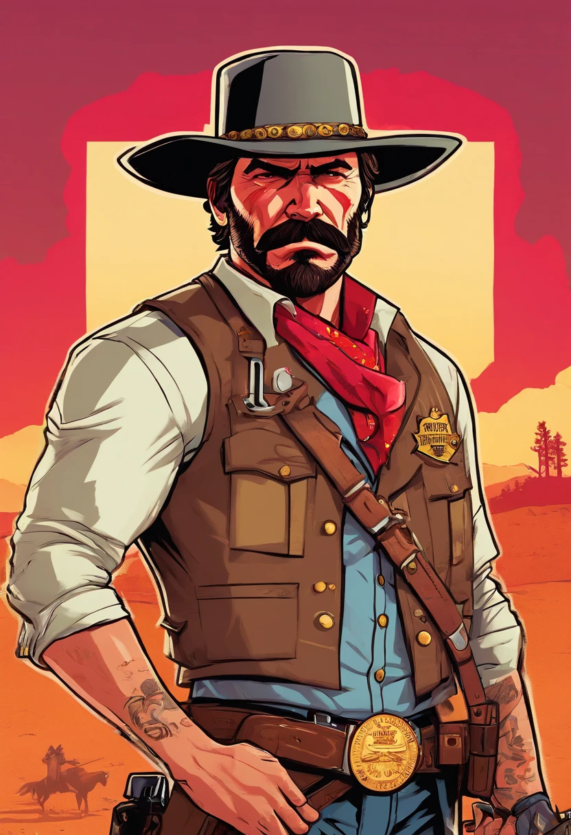 Red Dead Redemption 2 illustration style,Sheriff Curtis Malloy,Wear a Nevada hat,Khaki coat,Blue vest and white shirt,Nothing but a mustache,shaven face,sheriff badge, masterpiece, artwork, key art