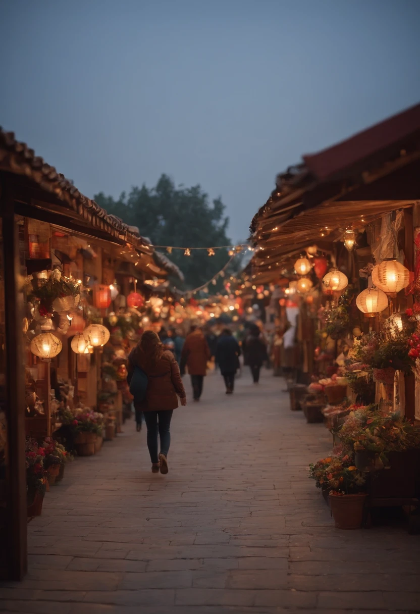 Beautiful night lit with stars,A bright moon,Lively street,Decorations,lanterns,There are many shops in the door,A wide range of products,Young girl walking forward,Smile back