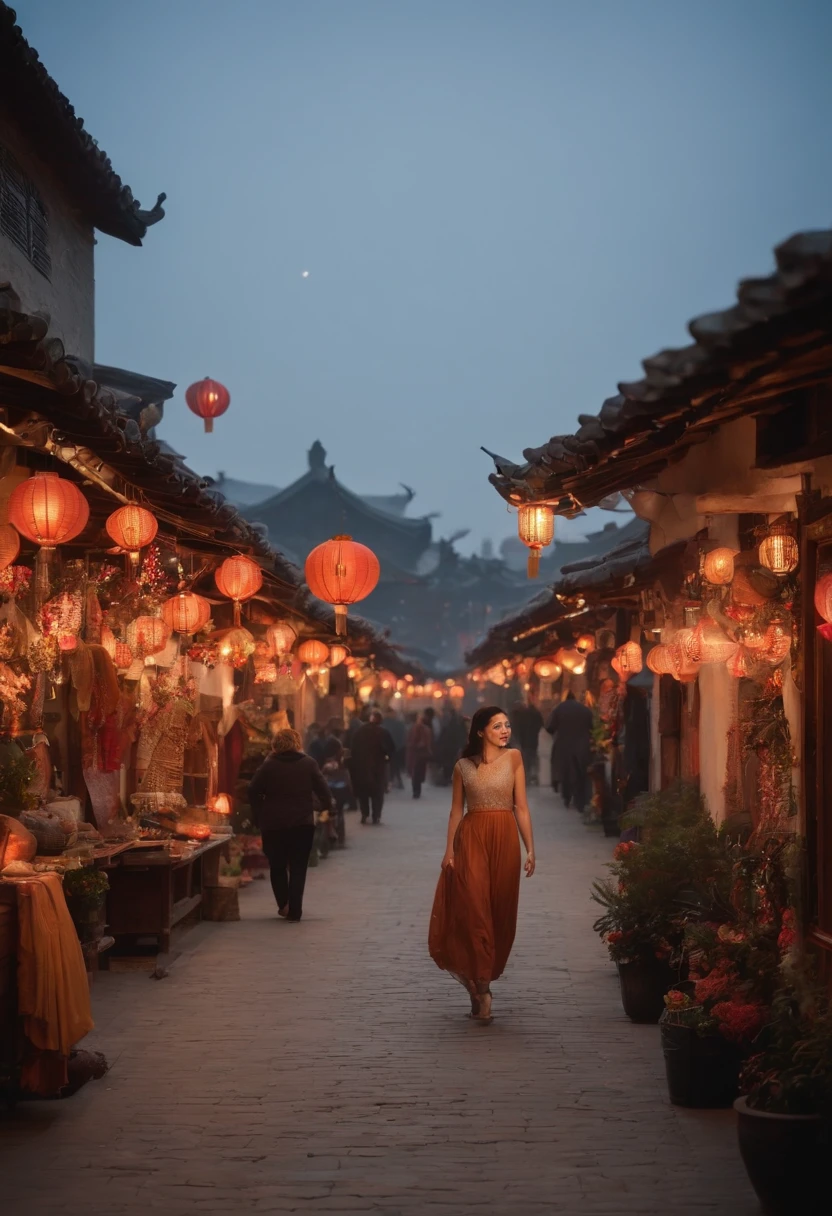 Beautiful night lit with stars,A bright moon,Lively street,Decorations,lanterns,There are many shops in the door,A wide range of products,Young girl walking forward,Smile back