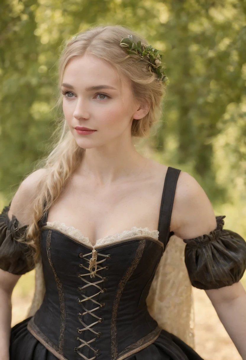 Fair complexion, A woman around 19 years old, Wearing a black corset,Natural blonde, Unique green eyes,, Slender and graceful, Beautiful, medieval environment, realistic lens, Medieval women's clothing, Four colors ,((Full body like)),(In a wooden wheelchair)