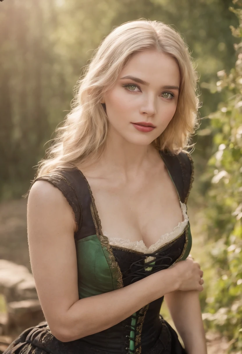 Fair complexion, A woman around 19 years old, Wearing a black corset,Natural blonde, Unique green eyes,, Slender and graceful, Beautiful, medieval environment, realistic lens, Medieval women's clothing, Four colors ,((Full body like)),(In a wooden wheelchair)