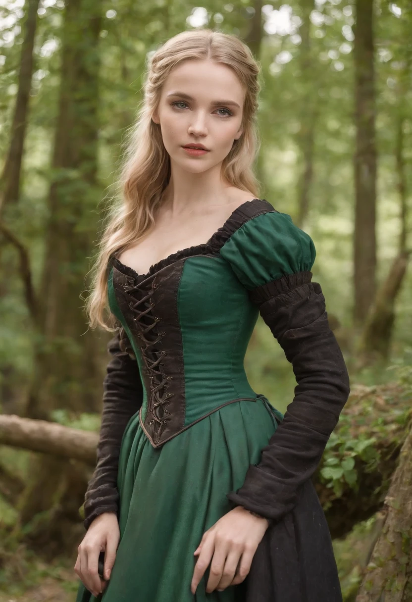 Fair complexion, A woman around 19 years old, Wearing a black corset,Natural blonde, Unique green eyes,, Slender and graceful, Beautiful, medieval environment, realistic lens, Medieval women's clothing, Four colors ,((Full body like)),(In a wooden wheelchair)