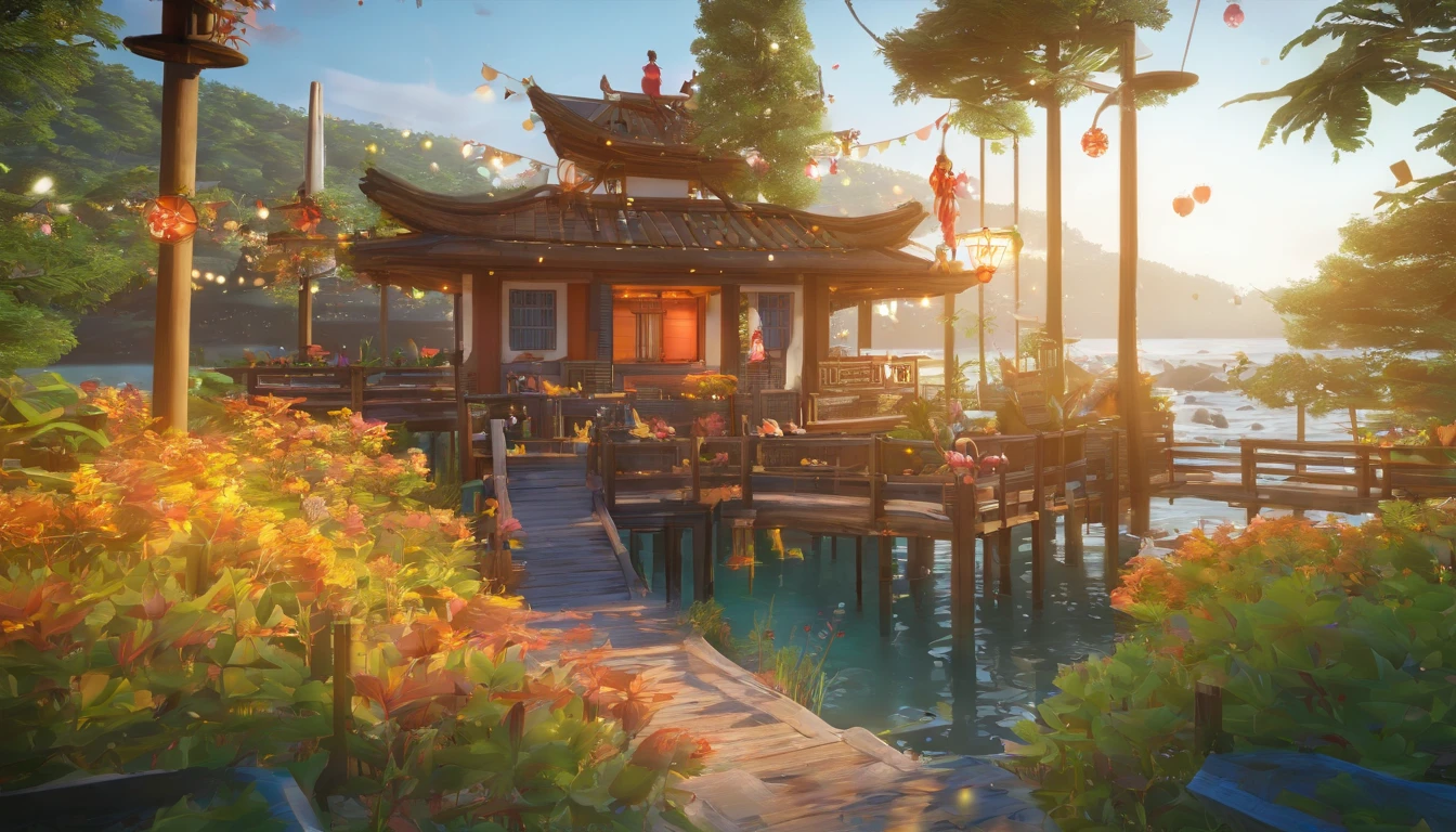 masterpiece、best qualtiy、Stunning reflections、Best reflection ever。 (Highly detailed CG Unity 8K wallpapers)、(top-quality)、(The best illustrations)、(Best Shadows)、(nighttime scene)、(Fashionable lanterns)、Wooden beach stand、Nautical theme with elements of nature。Tall trees々、Quiet creek、Seaside surrounded by delicate leaves and branches、Fireflies and glowing particle effect、(1人の女性、40 years、Beautiful face、Colorful eye color、Wearing a school uniform、Beautiful hair、long)、(Natural elements)、(Sea theme)、(fronds)、(Twigs)、(fireflys)、butterflys、(Delicate)fronds)、(Glow)、(Particle effect)。 、Isometric 3D、Octane Rendering、lay tracing、ultra-detailliert