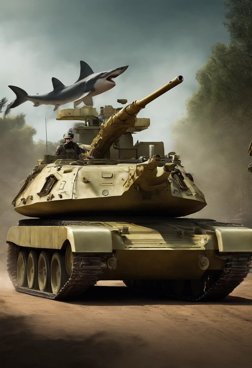 A combat vehicle with a shark motif. Caterpillar. The motif is a shark with its mouth open, and there is a main gun in its mouth.