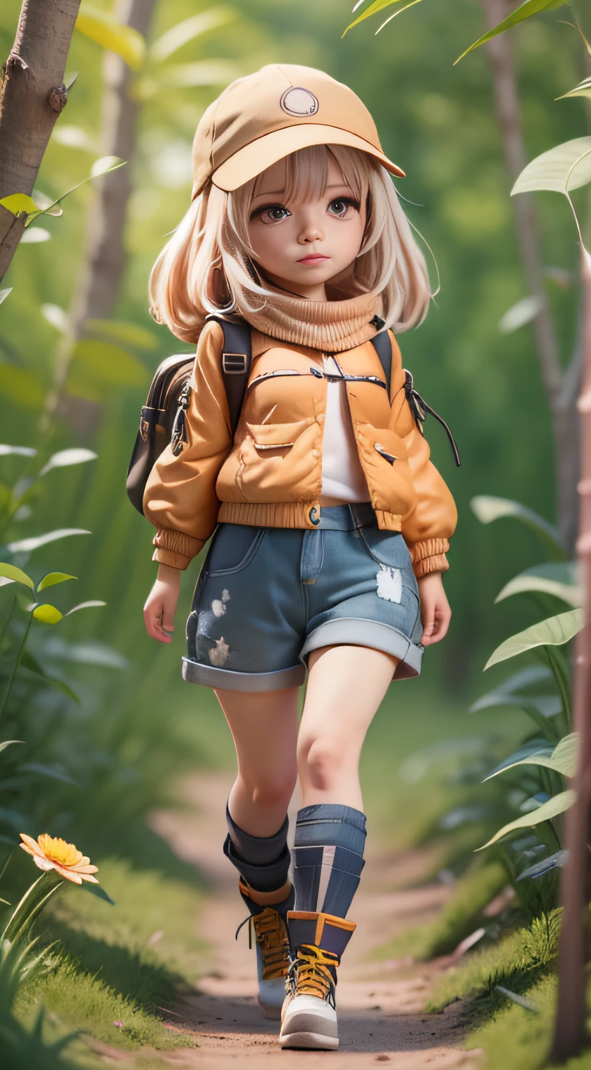 There is a poster with a cartoon character in a hat and backpack, female explorer mini cute girl, walking in the wilderness, flower jungle, animation style rendering, cute 3 D rendering, small characters. Unreal Engine 5, stylized anime, cute detailed digital art, Atey Ghailan 8 K, stylized 3D rendering, adventure surreal rendering, anime style 3D, 3D rendering stylized