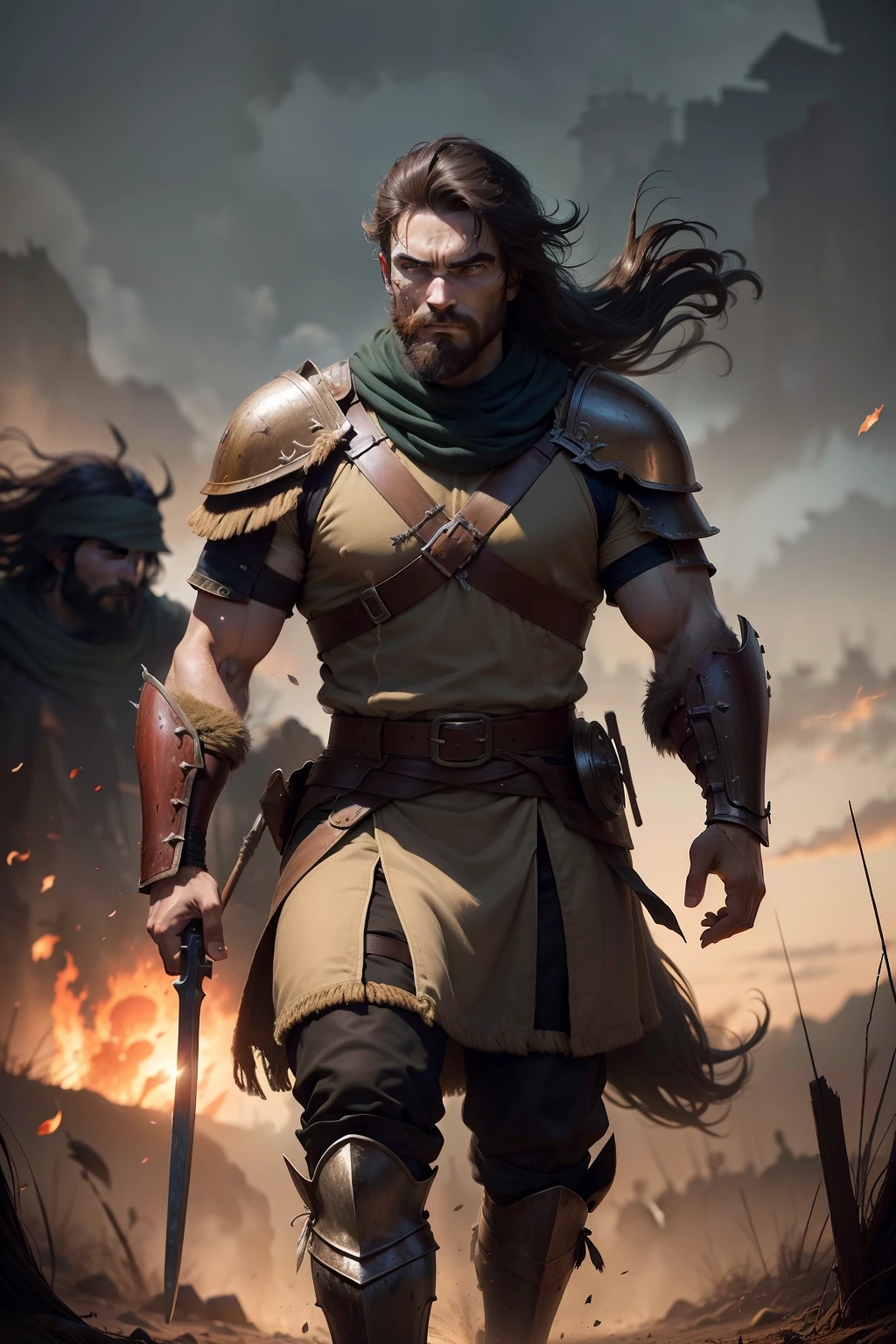 homem forte, warrior abandoned the battle on foot, imagem de fundo cenario de guerra com carruagens e cavalos de guerra epica