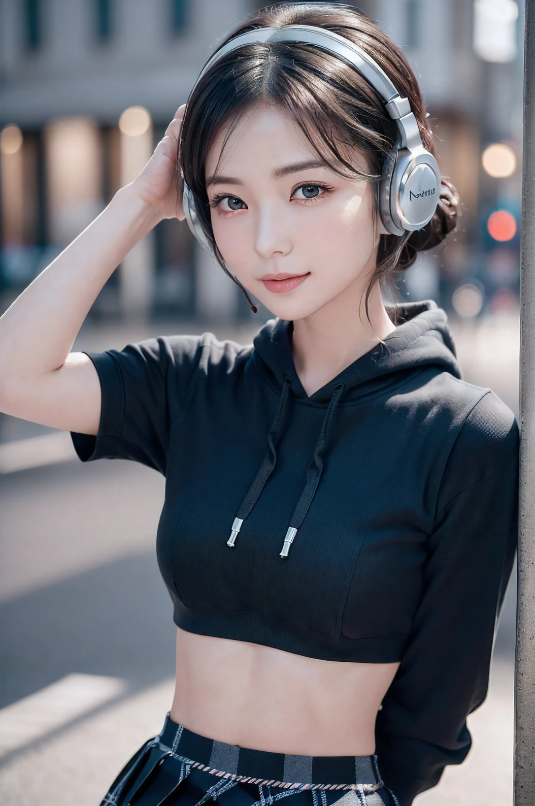 A extremely Cute and Beautiful Pictures of Japan Woman, (22 years old: 1.1), ((cowboy shot:1.3)), ((soft bar lighting: 1.3), (Backlight: 1.3), Full Body Lighting, (face soft lighting), Look Straight, Cinematic Angle, Graceful standing, ((arms behind back:1.3, arms down)), (((night situation:1.5))), (walking at night park:1.3, head bunking:1.3), (attractive:1.3), (wearing a headphone:1.5), Blake, punk look:1.3, (black crop-top hoodie:1.3, plaid-pattern box-pleats-skirt:1.3), knee-high-over-boots:1.3, BREAK, (dark brown eyes, beautiful eyes, princess eyes), (shiny-black hair:1.3, Hepburn style chignon hair:1.3, bangs, hair between eyes, medium-length hair), (slender, abs), (medium breasts:0.95), (thin waist:1.25), solo, (parted lips, pink glossy lips), (beautiful clean skin), (seductive princess smile: 1.25, closed mouth:1.2), (4fingers and thumb:1.3, perfect human hands. detailed human hands), BREAK, (Realistic, Photorealistic: 1.37), (Masterpiece, Best Quality: 1.2), (Ultra High Definition: 1.2), (RAW Photo: 1.2), (Sharp Focus: 1.3), (Face Focus: 1.2), (Ultra Detailed CG Unified 8k Wallpaper: 1.2), (Beautiful Skin: 1.2), (Pale Skin: 1.3), (Hyper Sharp Focus: 1.5), (Super Sharp Focus: 1.5), (Beautiful Face: 1.3), (Ultra Detailed Background, Detailed Background: 1.3), (perfect female body), ((frame the head:1.3)), perfect anatomy, perfect proportions, 8.5 life-size, face focus, ultra-realistic photos, ultra-clear images, ultra-detailed images,