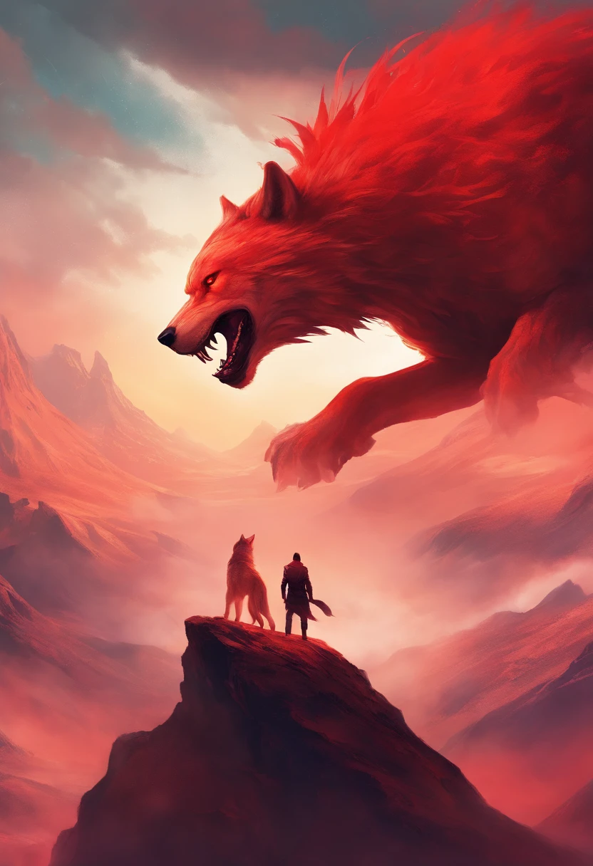 a man is on top of a mountain looking at a large monster wolf with red mists in his feathers