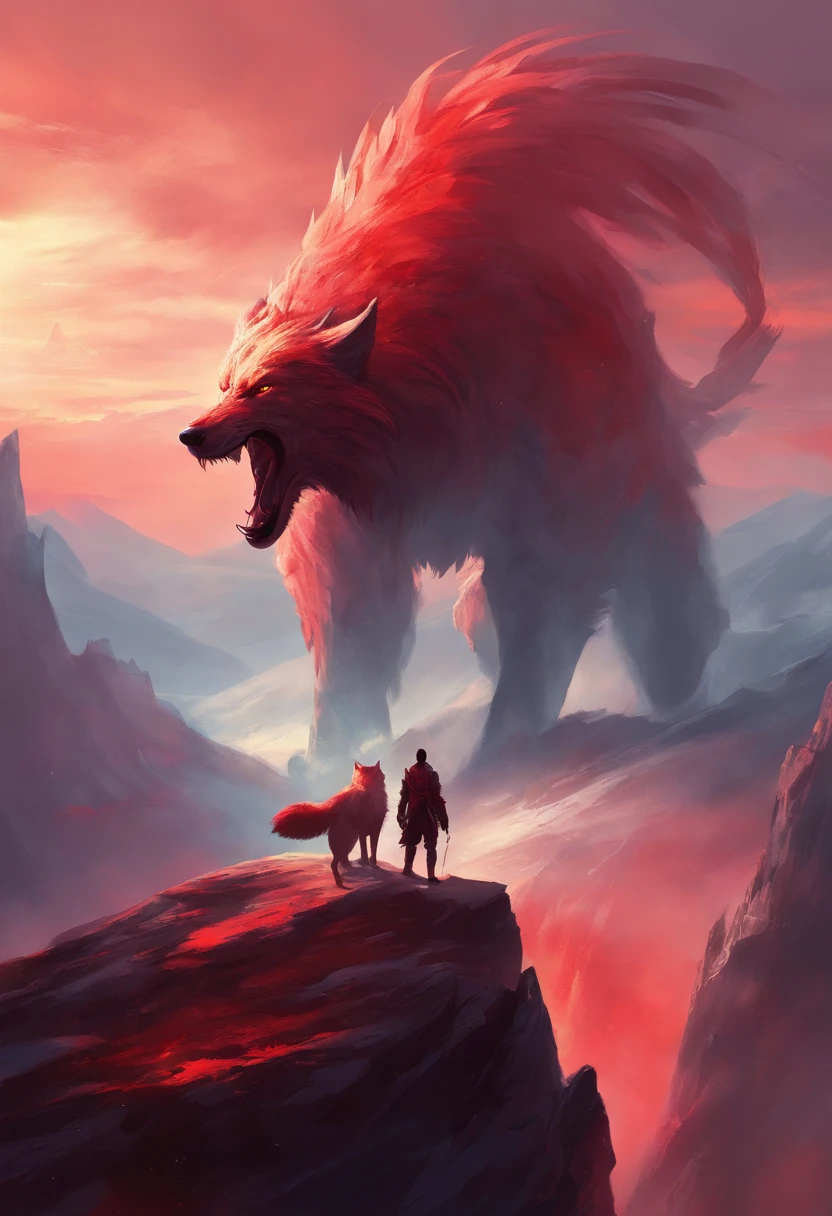 a man is on top of a mountain looking at a large monster wolf with red mists in his feathers