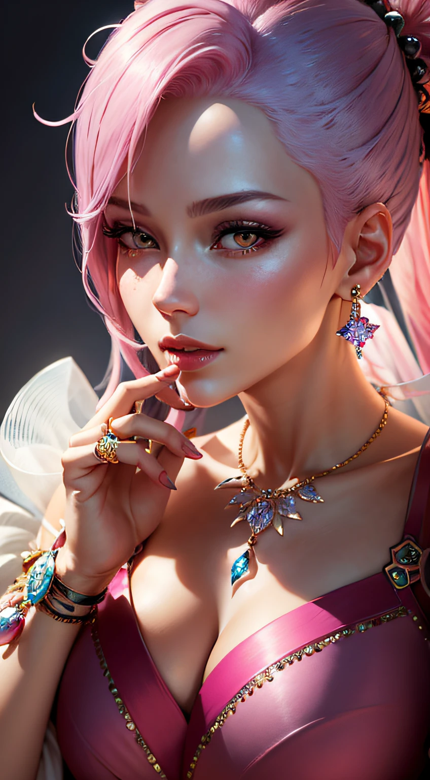 jewelry design, sakura-style ring, worn on the finger of a girl with pink hair, precious stones and diamonds, luxury, close-up, product overview, trends on artstation, cgsociety, ultra-high-quality, digital art, exquisite hyperdetals, 4k, soft lighting, dreamy, fashion, unreal engine rendering