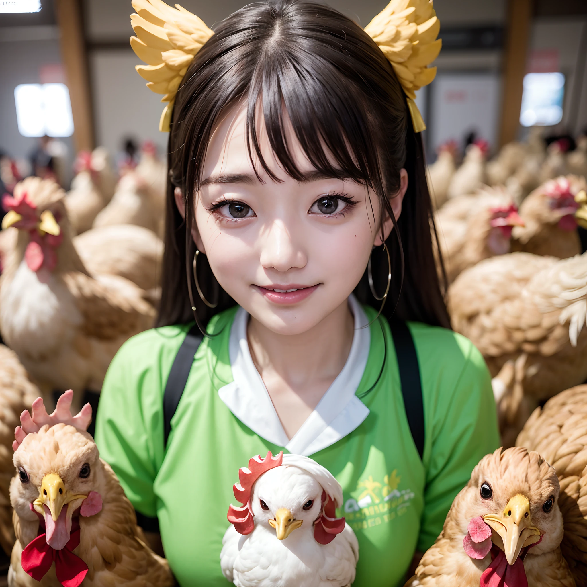 (in 8K、RAW Photos、top-quality、​masterpiece:1.5)、(realisitic、Photorealsitic:1.5)、ultra-detailliert、超A high resolution、lighting like a movie、(((Idols who love chickens)))、(((Japan 16 year old girls)))、(((Wearing a cute costume with a chicken motif)))、(a lot of chickens:1.5)、cute smile face、Happy and energetic atmosphere、dynamic ungle、动态照明