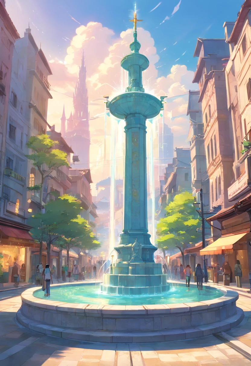 A huge marble fountain at the crossroads of several streets, Fantasy art, ciudad medieval, Fantasy City, hermosa ciudad con jardines, bello edificios, Magnificent fantasy city,