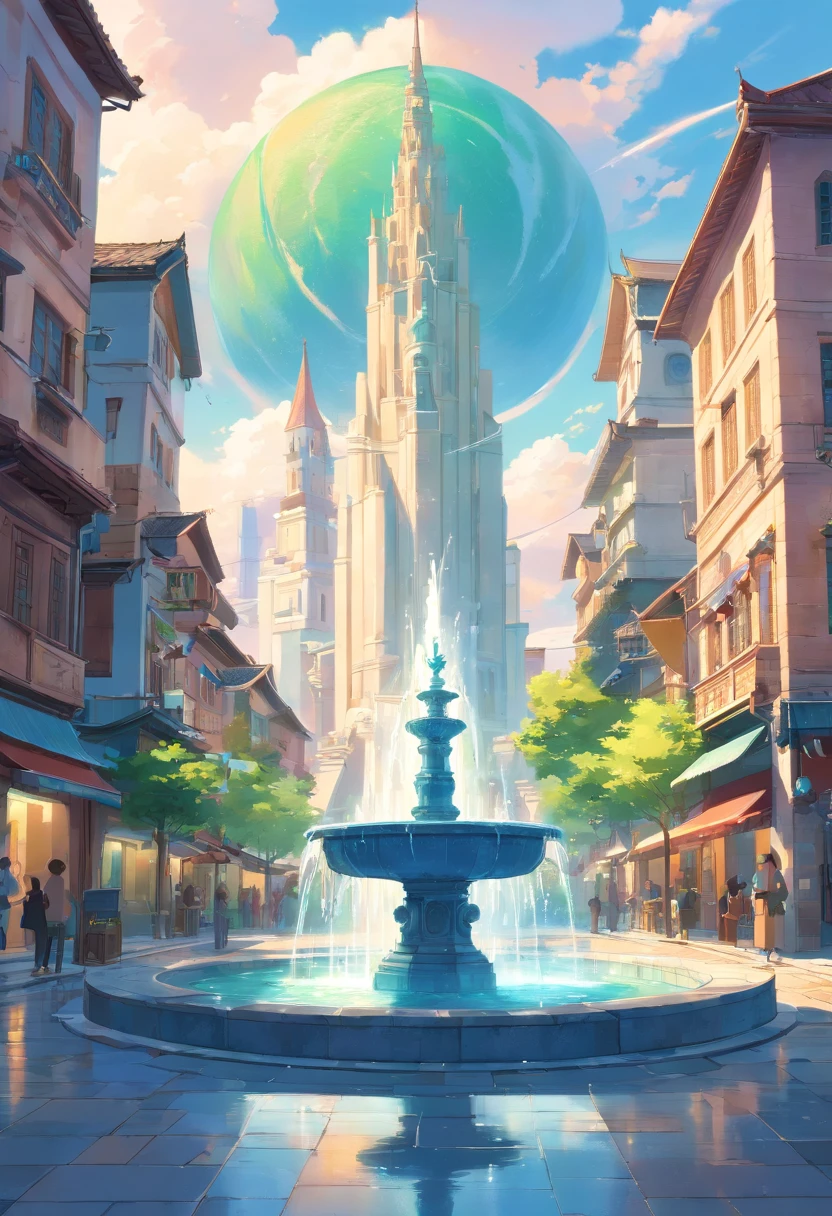 A huge marble fountain at the crossroads of several streets, Fantasy art, ciudad medieval, Fantasy City, hermosa ciudad con jardines, bello edificios, Magnificent fantasy city,