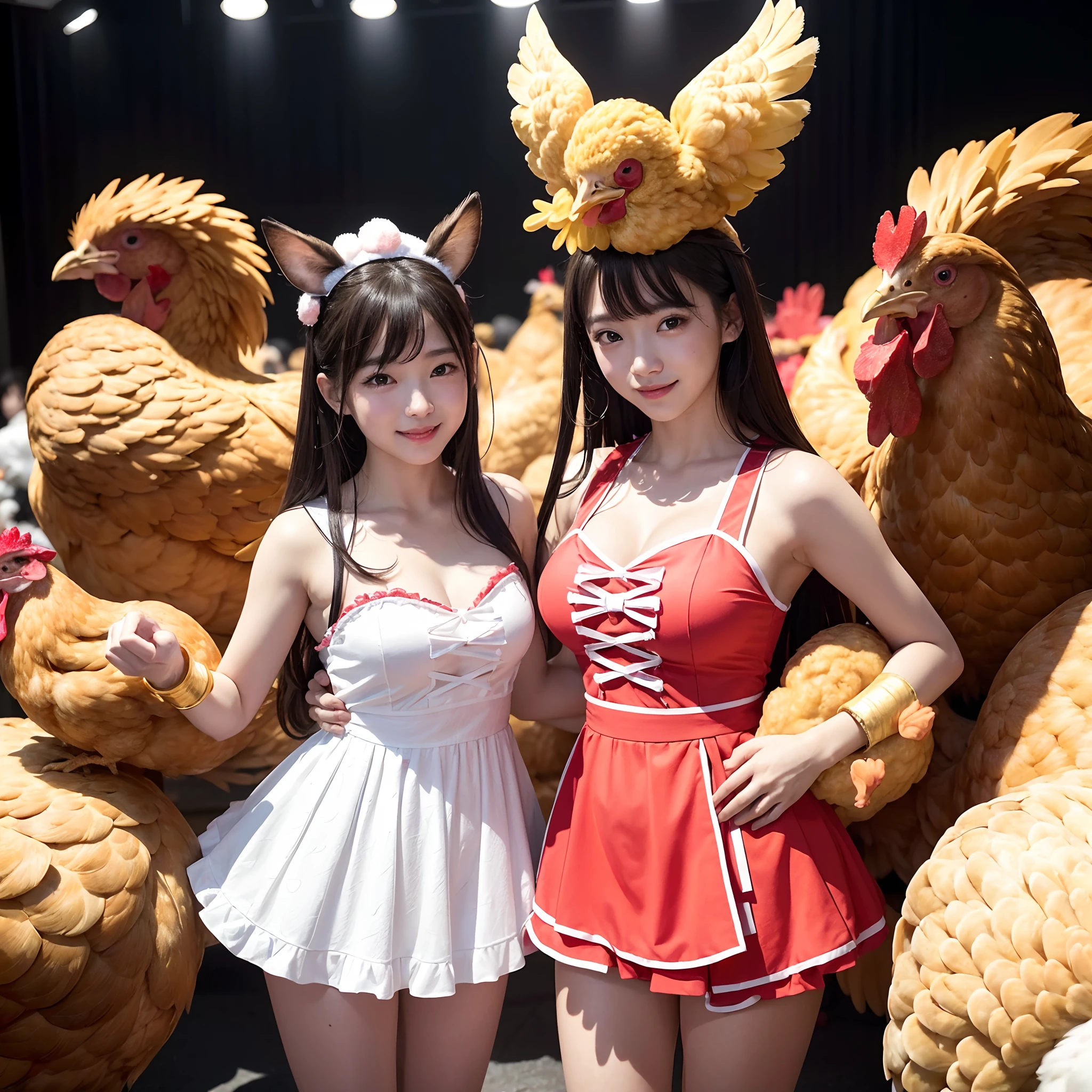 (in 8K、RAW Photos、top-quality、masterpiece:1.5)、(realisitic、Photorealsitic:1.5)、ultra-detailliert、超A high resolution、lighting like a movie、(((Idols who love chickens)))、(((Japan 16 year old girls)))、(((Wearing a cute costume with a chicken motif)))、(a lot of chickens:1.5)、cute smile face、Happy and energetic atmosphere、dynamic ungle、动态照明