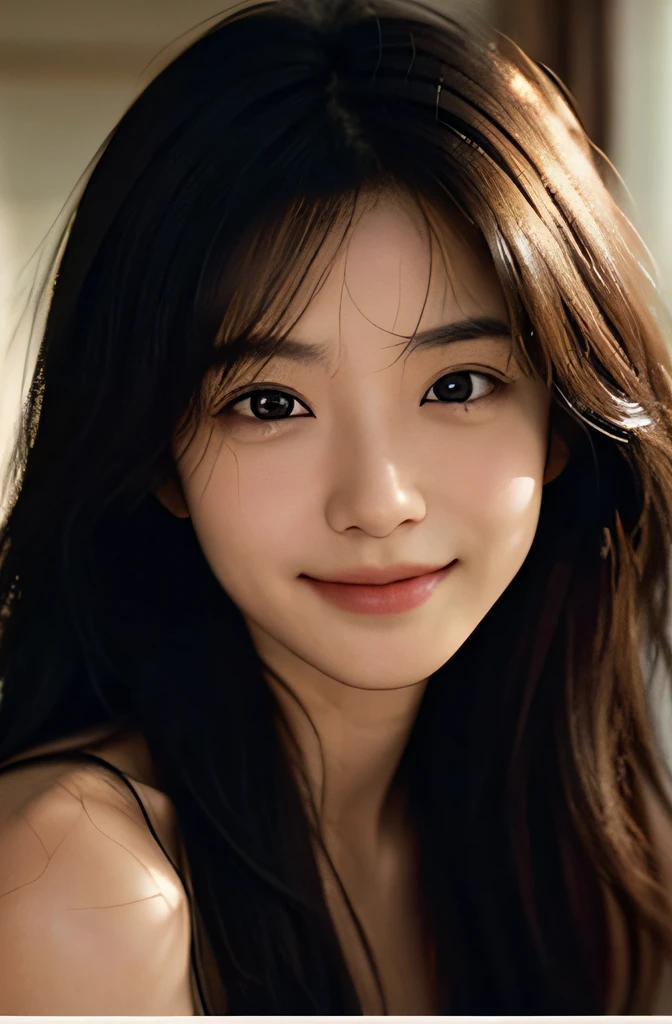 Film Portrait Photography, 1girl in, Bare shoulders, Wavy shoulder-length hair, Serene, Calm, (Realistic detailed eyes, Natural Skin Texture, Realistic face details), Soft dramatic lighting, depth of fields, Bokeh, vibrant detail, Finely detailed, hyper realisitic, 35mm Film, Hazy blur, filmg, Shy and warm smile White mask