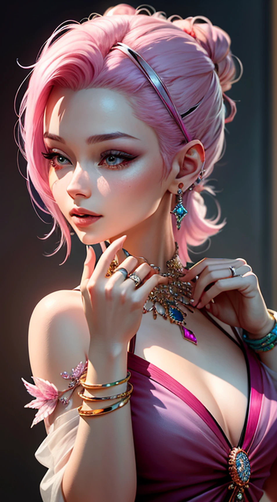 jewelry design, sakura-style ring, worn on the finger of a girl with pink hair, precious stones and diamonds, luxury, close-up, product overview, trends on artstation, cgsociety, ultra-high-quality, digital art, exquisite hyperdetals, 4k, soft lighting, dreamy, fashion, unreal engine rendering