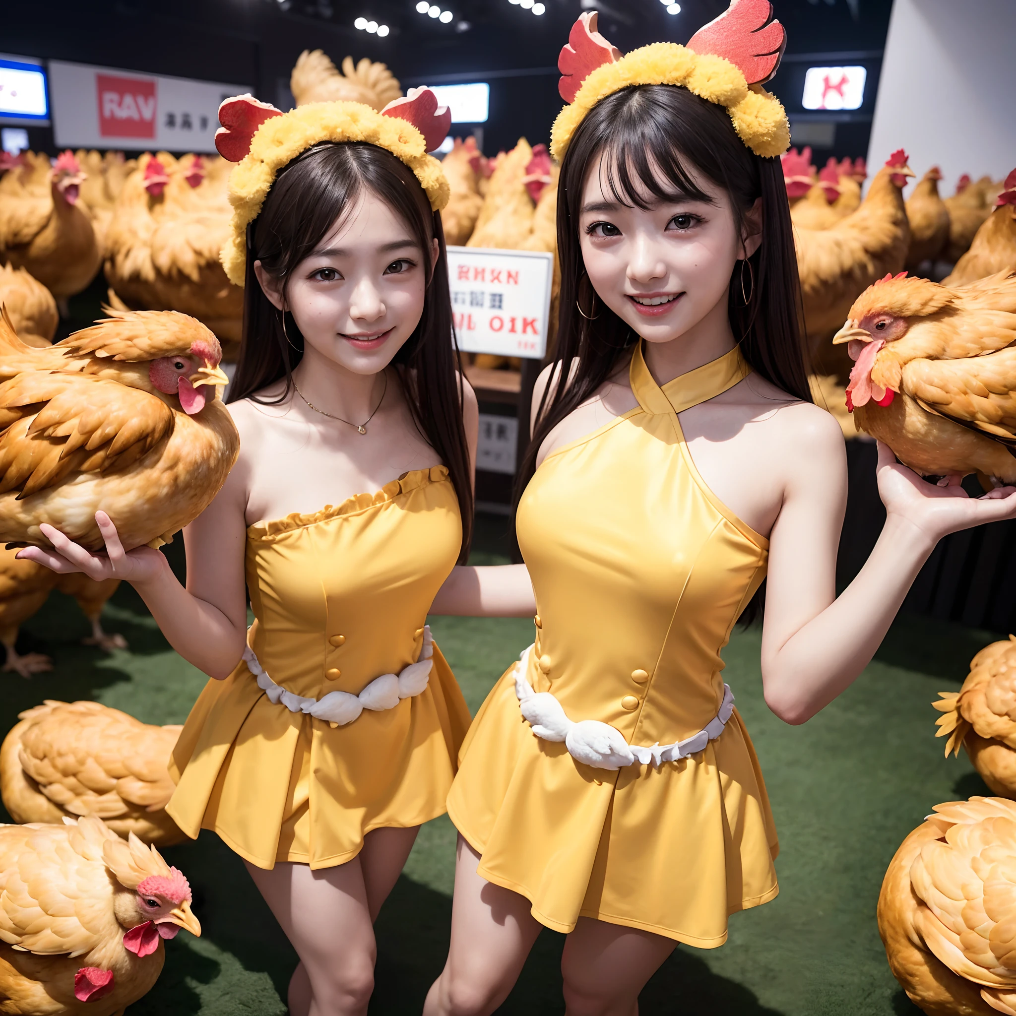 (in 8K、RAW Photos、top-quality、​masterpiece:1.5)、(realisitic、Photorealsitic:1.5)、ultra-detailliert、超A high resolution、lighting like a movie、(((Idols who love chickens)))、(((Japan 16 year old girls)))、(((Wearing a cute costume with a chicken motif)))、(a lot of chickens:1.5)、cute smile face、Happy and energetic atmosphere、dynamic ungle、动态照明