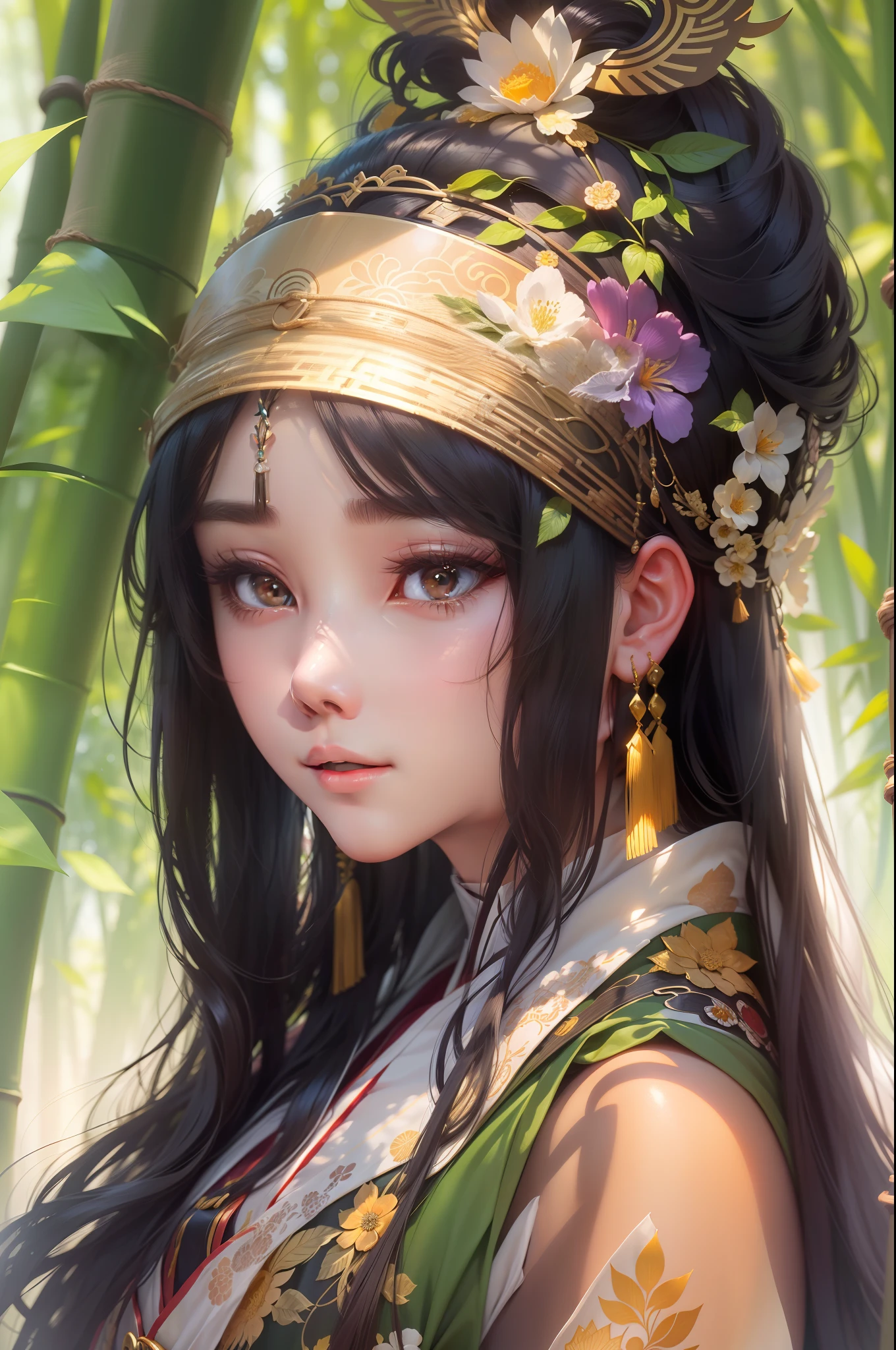 warmly lit，Smooth skin，Super light and shadow，tmasterpiece，In the sea of bamboo，Gentle eyes，（Sunshine 1.2）The sun shines on the face through the bamboo forest，closeup cleavage，Green background，Long black haired girl in Chinese costume，There are delicate headdresses