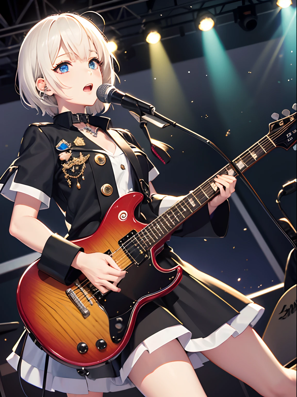 masterpiece、top-quality、hight resolution、High-quality images、8K、2 Otome、detaileds、Detailed eye depiction、skin gloss、shinny hair、Two girls、Long black hair and platinum blonde short hair、Soft hair、Nomiya、portlate、rock band、Superstar、spot light、Vocal&guitarrist、Black Leather Stage Costume、concert、hot air
