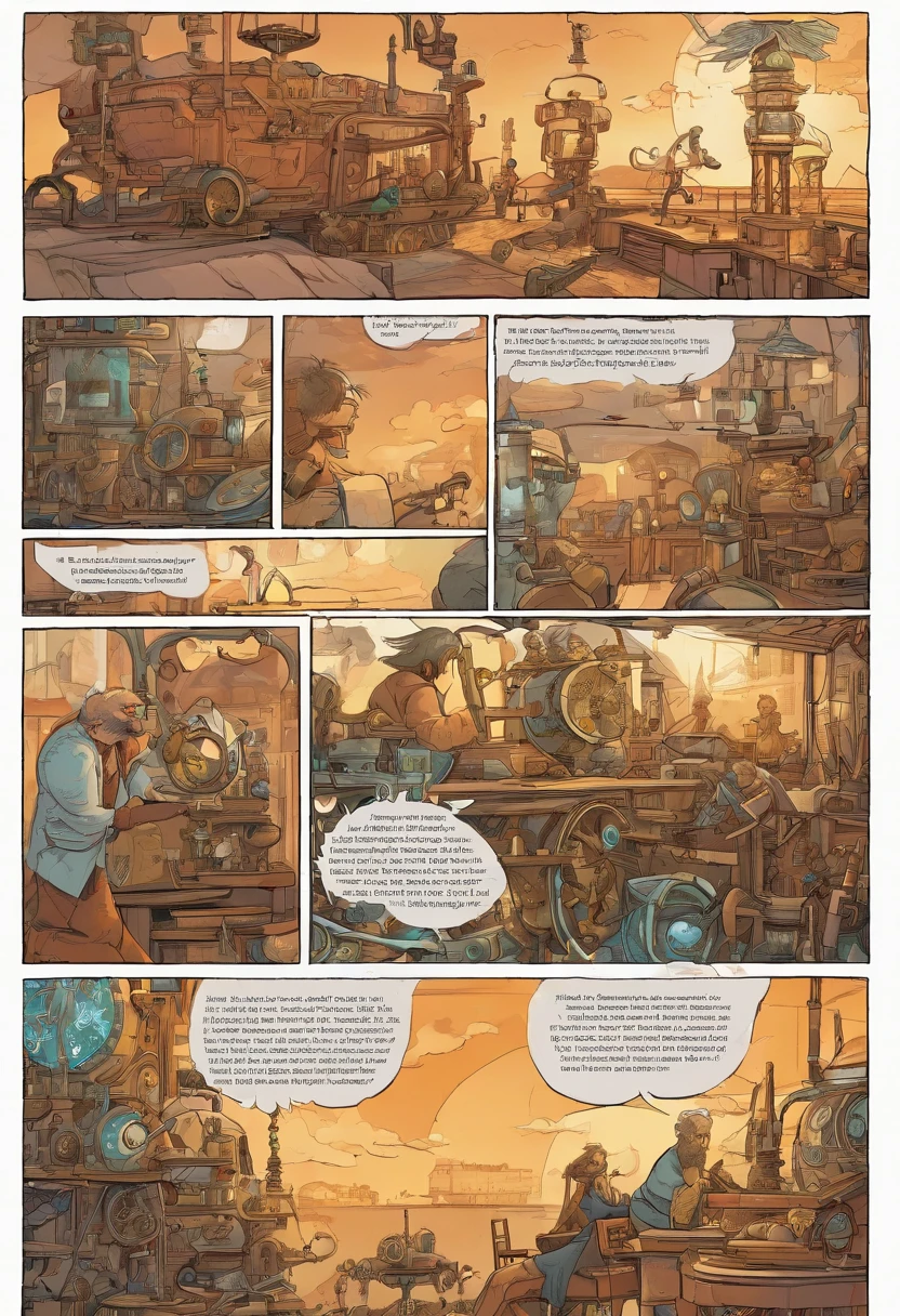 Page 1:
Panel 1: A sprawling, cluttered workshop in an old, creaky mansion. The room is filled with gears, gadgets, and blueprints.
Caption: "In a quiet corner of a forgotten city, an elderly inventor lives in solitude."
Page 2:
Panel 1: Close-up of the old inventor's hands. He carefully assembles a tiny, intricate clockwork bird.
Caption: "His nimble fingers have crafted wonders for decades."
Page 3:
Panel 1: The inventor gazes out of a dusty window at a breathtaking steampunk cityscape. Airships cruise between towering brass skyscrapers.
Caption: "But he's always been alone."
Page 4:
Panel 1: The inventor sketches feverishly, designing a massive mechanical contraption. His face is lit up with excitement.
Caption: "His next creation, a marvel to change the world."
Page 5:
Panel 1: The inventor works tirelessly, assembling the intricate pieces of his new invention.
Caption: "Days turn into weeks as he brings his vision to life."
Page 6:
Panel 1: The massive machine stands complete, a breathtaking steampunk masterpiece. The inventor looks on with pride.
Caption: "At last, it's done."
Page 7:
Panel 1: The old inventor pushes a lever, and the machine roars to life. Gears turn, steam billows, and it takes to the skies.
Caption: "His creation takes flight, a symbol of his genius and his enduring spirit."
Page 8:
Panel 1: The inventor watches his invention disappear into the distance, a tear in his eye.
Caption: "And in that moment, he's not alone. His legacy soars."