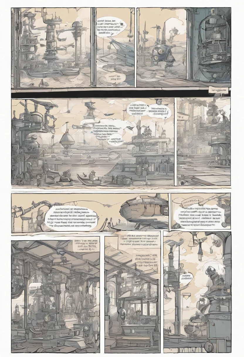 Page 1:

Panel 1: A sprawling, cluttered workshop in an old, creaky mansion. The room is filled with gears, gadgets, and blueprints.
Caption: "In a quiet corner of a forgotten city, an elderly inventor lives in solitude."
Page 2:

Panel 1: Close-up of the old inventor's hands. He carefully assembles a tiny, intricate clockwork bird.
Caption: "His nimble fingers have crafted wonders for decades."
Page 3:

Panel 1: The inventor gazes out of a dusty window at a breathtaking steampunk cityscape. Airships cruise between towering brass skyscrapers.
Caption: "But he's always been alone."
Page 4:

Panel 1: The inventor sketches feverishly, designing a massive mechanical contraption. His face is lit up with excitement.
Caption: "His next creation, a marvel to change the world."
Page 5:

Panel 1: The inventor works tirelessly, assembling the intricate pieces of his new invention.
Caption: "Days turn into weeks as he brings his vision to life."
Page 6:

Panel 1: The massive machine stands complete, a breathtaking steampunk masterpiece. The inventor looks on with pride.
Caption: "At last, it's done."
Page 7:

Panel 1: The old inventor pushes a lever, and the machine roars to life. Gears turn, steam billows, and it takes to the skies.
Caption: "His creation takes flight, a symbol of his genius and his enduring spirit."
Page 8:

Panel 1: The inventor watches his invention disappear into the distance, a tear in his eye.
Caption: "And in that moment, he's not alone. His legacy soars."