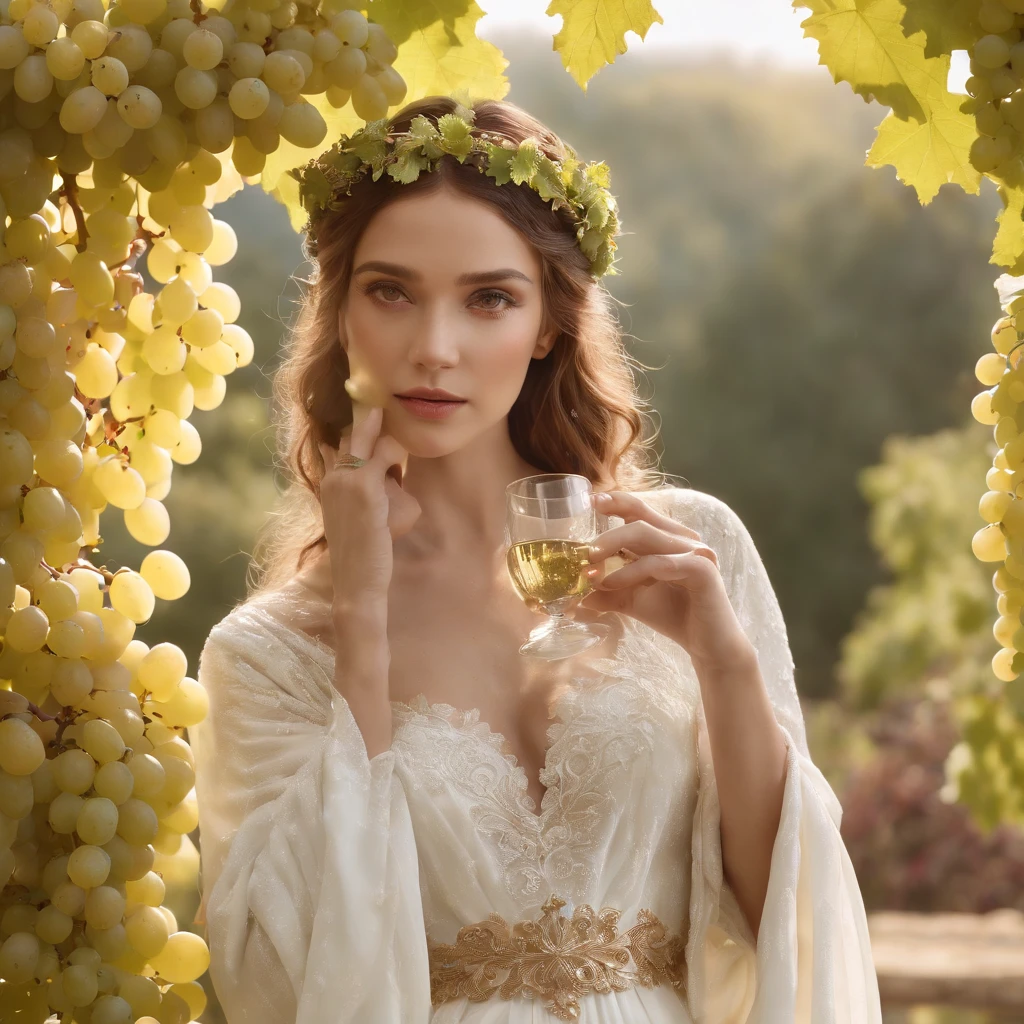 (((UHD))), (((masterpiece))), (((8k))), (((highres))), (((photo realistic))), god rays, zoom layer, (((fullbody shot))), f/4.0, Canon,  Goddess Dionysus, A frenzy of revelry, a vast vineyard, a deluge of grapes raining down from the sky, with long and lush hair adorned with clusters of grapes and leaves, wearing a dress embellished with floral and grape motifs, shiny skin,detailed skin,detailed face, detailed eyes, a beautiful robe, holding a grape-filled cup, and crowned with a grapevine wreath, white tables,  abundance of grapes