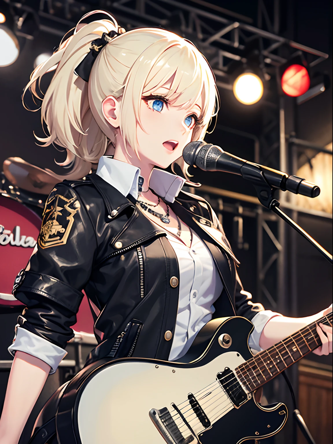 masterpiece、top-quality、hight resolution、High-quality images、8K、2 Otome、detaileds、Detailed eye depiction、skin gloss、shinny hair、Two girls、Long black hair and platinum blonde short hair、Soft hair、Nomiya、portlate、rock band、Superstar、spot light、Vocal&guitarrist、Black Leather Stage Costume、concert、hot air