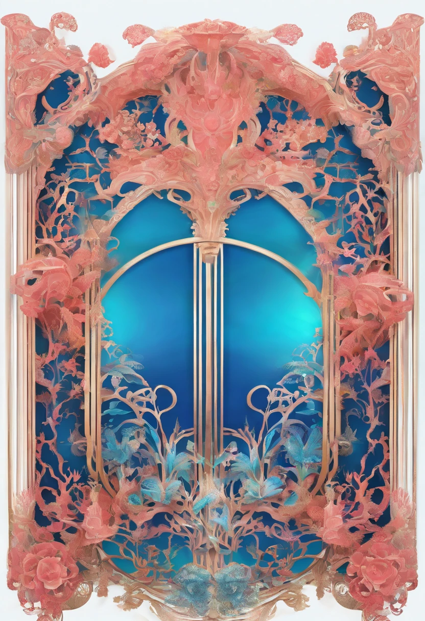 Virtual Scene Design, Coral Art Installation on Blue Sea, galvanized fiberglass with rainbow gradation, Surreal visual representation, majestic architecture, Unique, Convoluted, exquisitedetails,(blender, OC rendering, Natural light, Ray tracing, 8K)