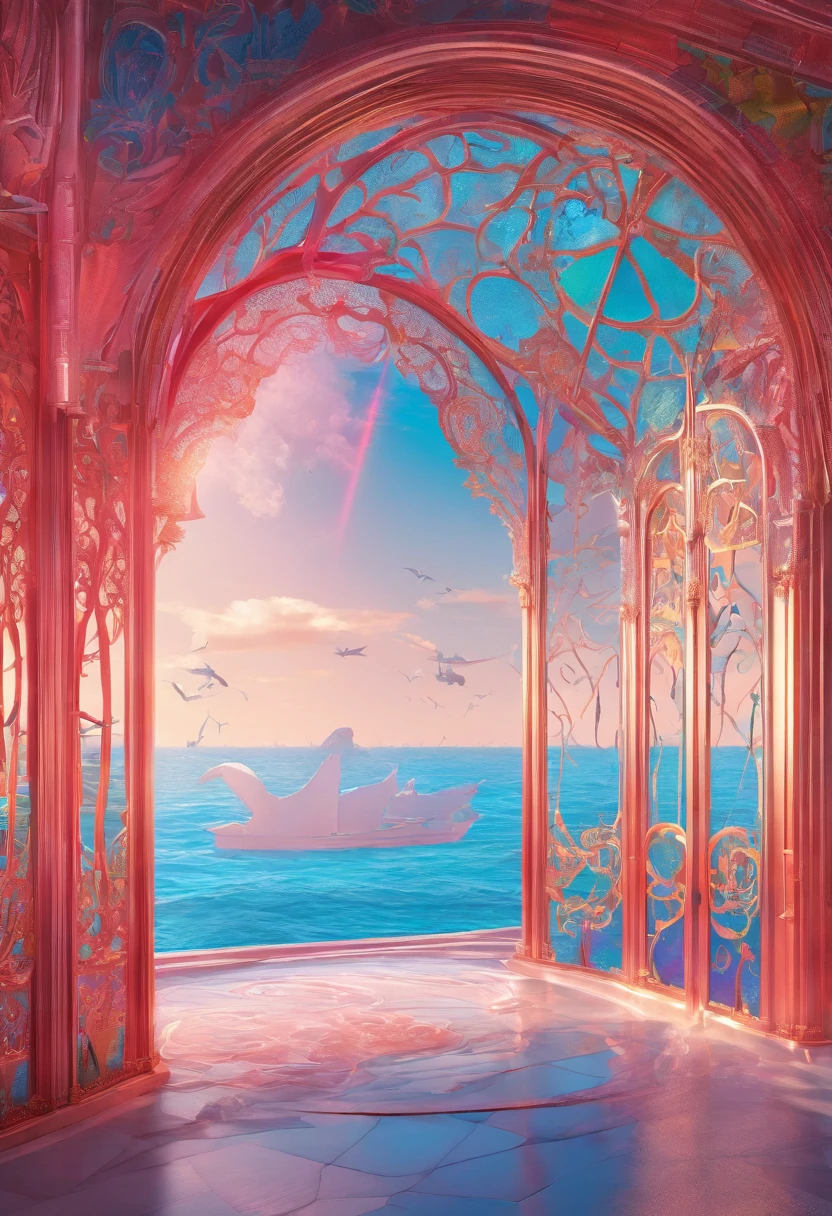 Virtual Scene Design, Coral Art Installation on Blue Sea, galvanized fiberglass with rainbow gradation, Surreal visual representation, majestic architecture, Unique, Convoluted, exquisitedetails,(blender, OC rendering, Natural light, Ray tracing, 8K)