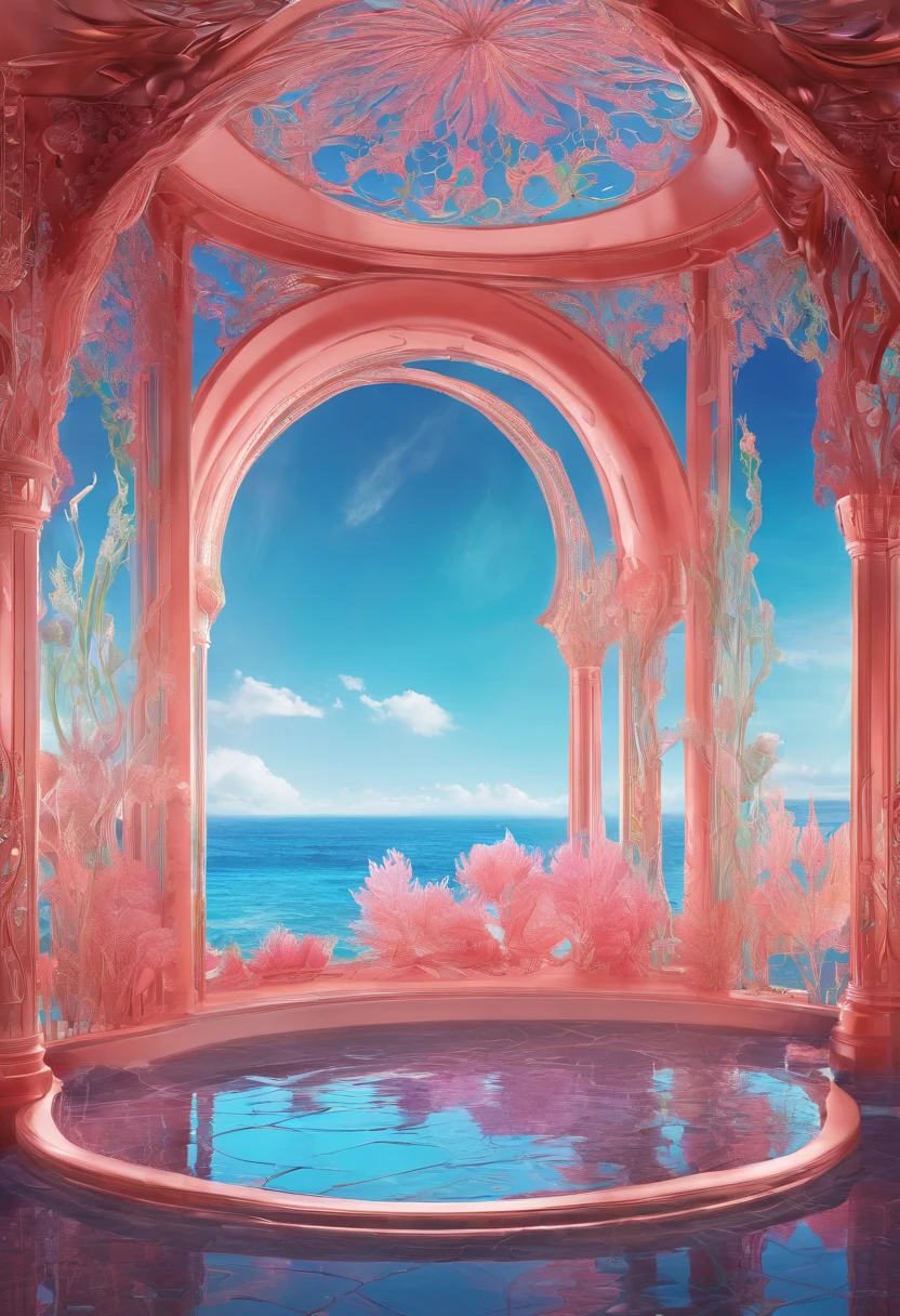 Virtual Scene Design, Coral Art Installation on Blue Sea, galvanized fiberglass with rainbow gradation, Surreal visual representation, majestic architecture, Unique, Convoluted, exquisitedetails,（blender, OC rendering, Natural light, Ray tracing, 8K）