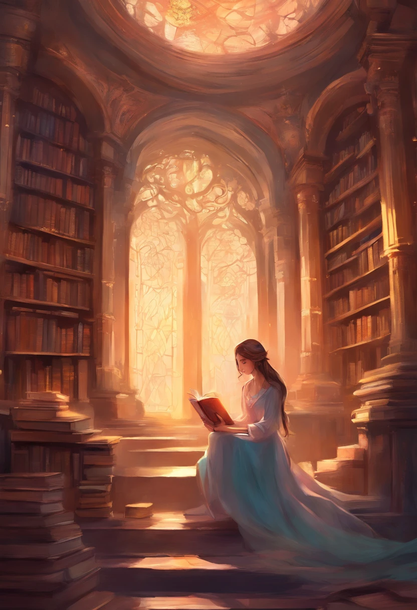 a girl reading a book in a fantastic library