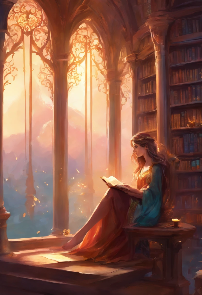 a girl reading a book in a fantastic library
