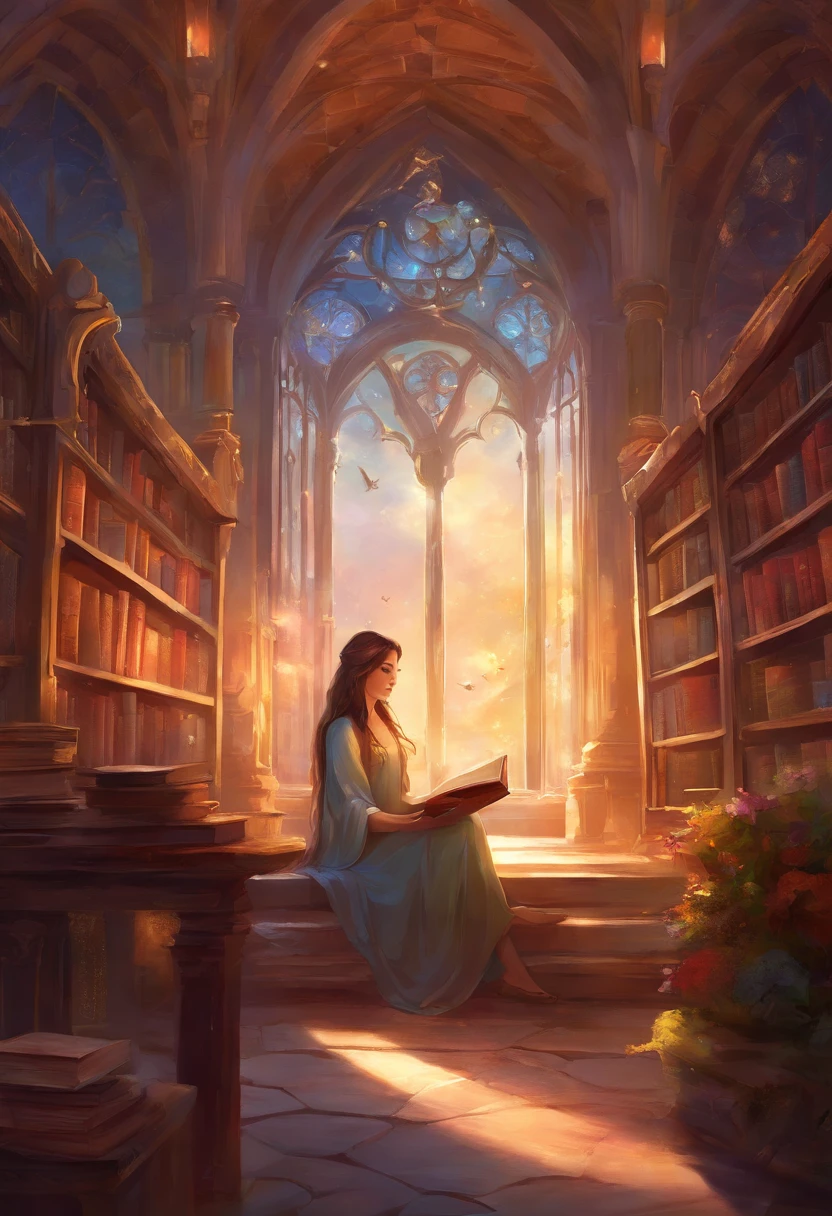 a girl reading a book in a fantastic library