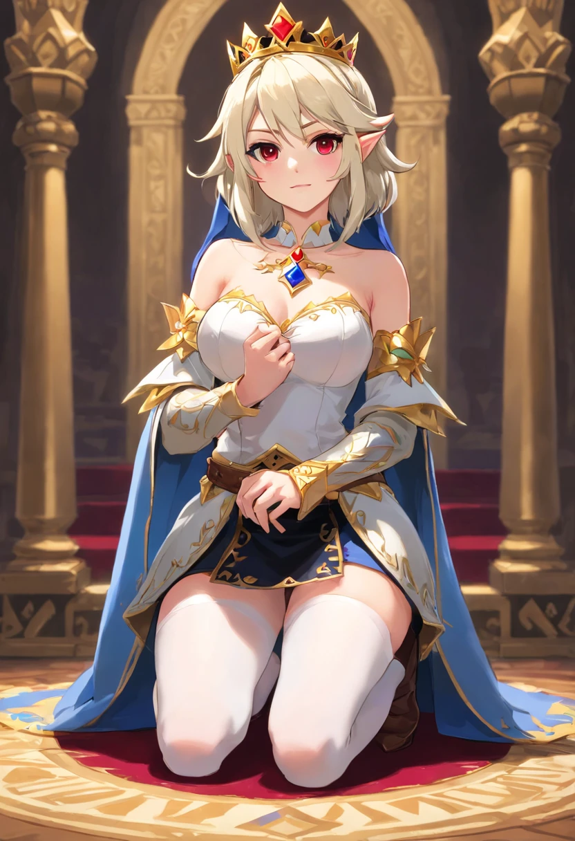 ((1 woman queen, woman with penis, erect penis)),((with a cloak on her back, with crown))),((gigantic breasts, bare breasts, erect breasts, grabbing breasts)),((white hair) ),((brown eyes, desperate face)),((sitting on a golden throne,sitting on his back, right leg over left leg)),((in a haunted castle, at night)),((1 arm behind your back)),